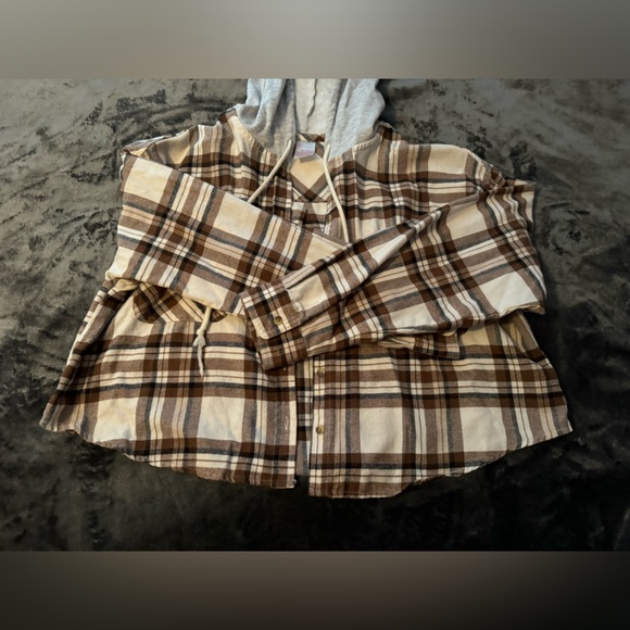 No Boundaries Cropped Plaid Brown Button Lightweight Jacket Size XXL(junior) - Picture 4 of 16